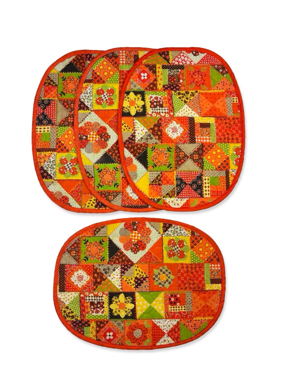 Vintage 1970s Set of 4 Orange Patchwork Print Quilted Placemats